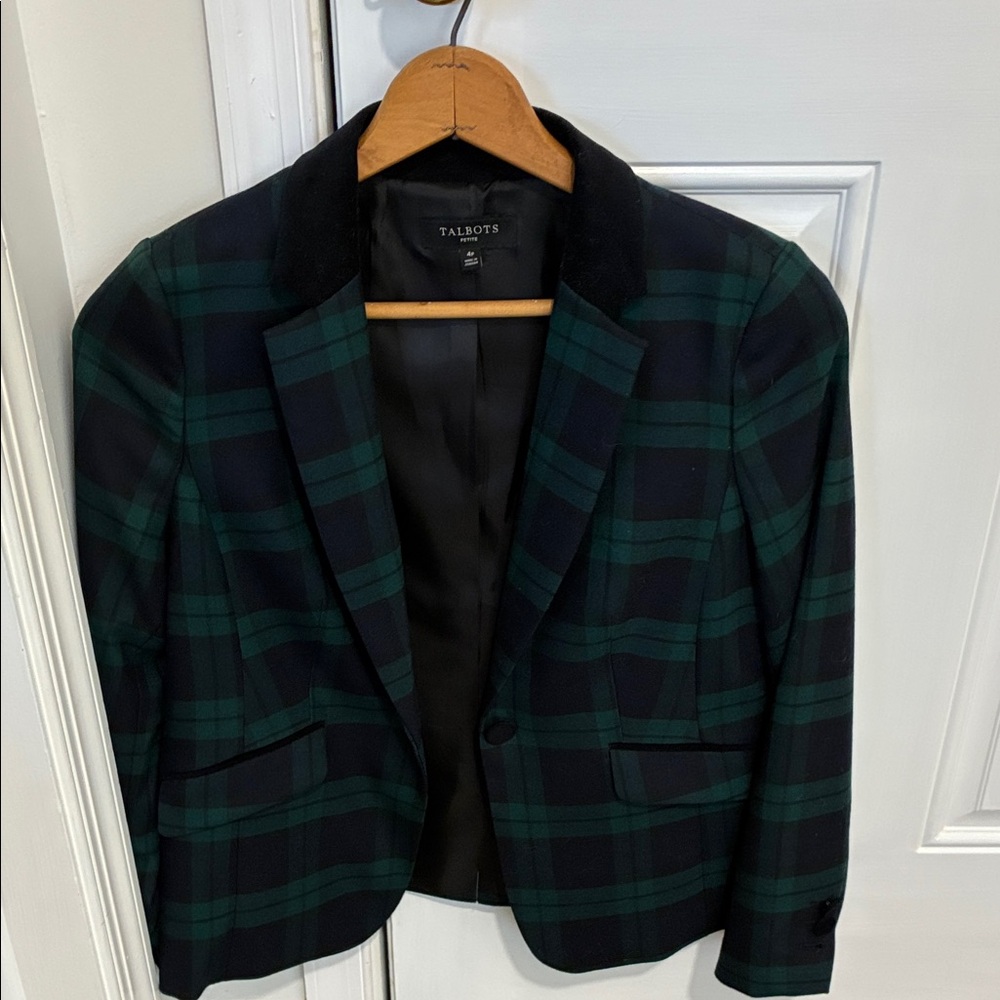 Talbots Ladies Dark Green and Navy Tartan Blazer
